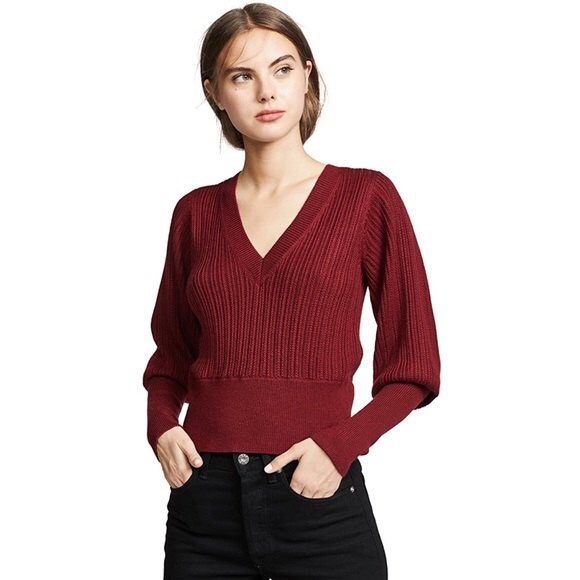 Veronica Beard Esme V-Neck Puff Sleeve Sweater